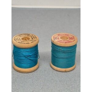 Vintage Belding Corticelli Sewing Thread Wooden Spools Turquoise Blue 2pc Set